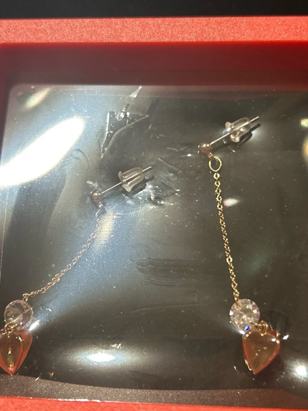 Delicate Gold color Heart Drop Earrings with Clear Stone Accents
